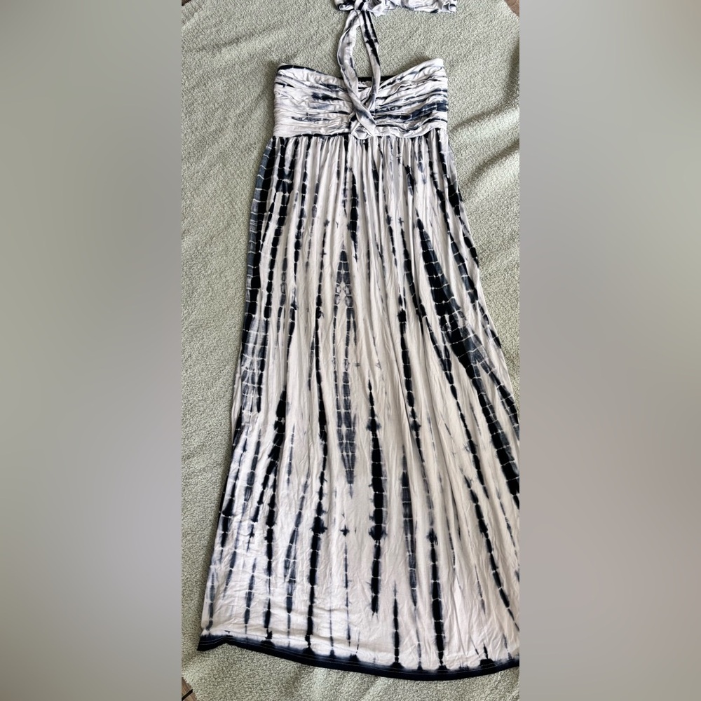 Navy and White Pleated A-Line Maxi Dress